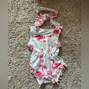 Baby Girl Flamingo Romper Onesie with Pom Poms and matching headband Newborn